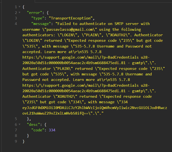 Failed to authenticate on SMTP server with username \"ter@gmail.com\" using the following authenticators: \"LOGIN\", \"PLAIN\", \"XOAUTH2\