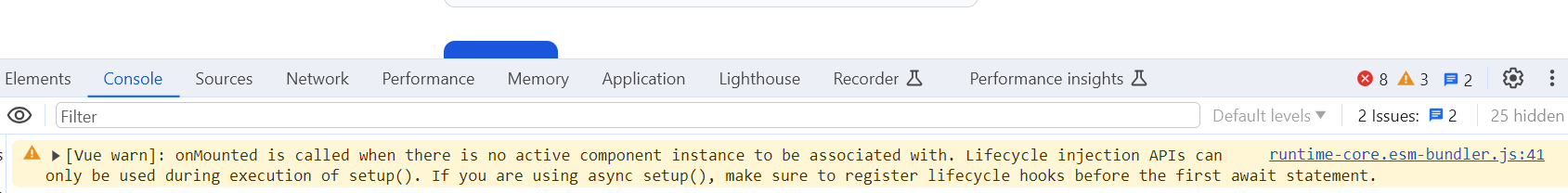 onMounted is called when there is no active component instance to be associated with. Lifecycle injection APIs can only be used during execution of setup(). If you are using async setup(), make sure to register lifecycle hooks before the first await state